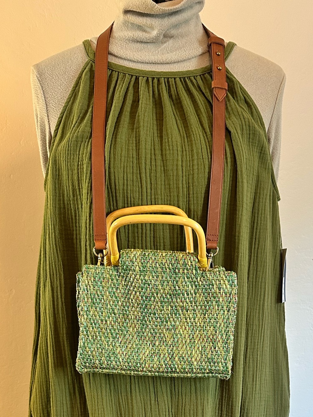 Fossil Forever Teal Multicolor Woven Mini Bag with Bamboo Handles